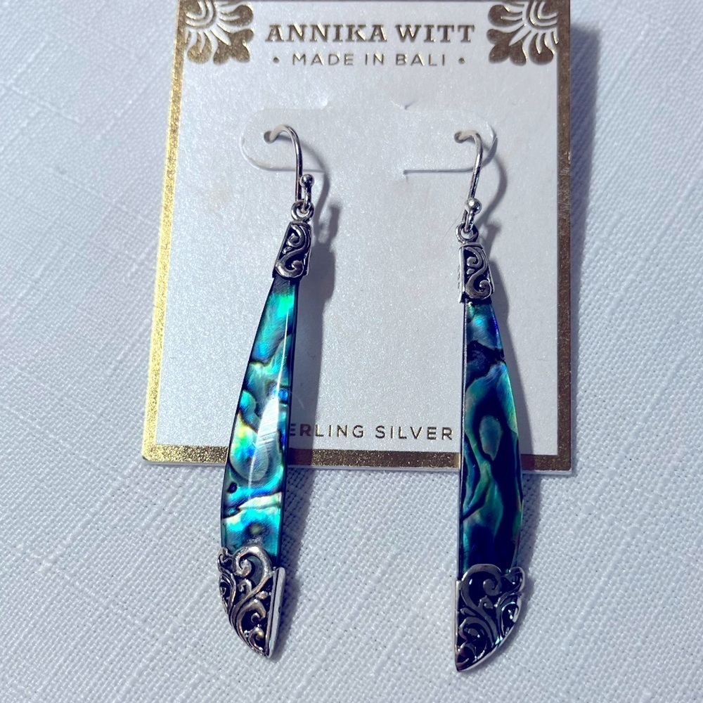 ANNIKA WITT Sterling Silver Abalone Hanging Earrings. BALI. Long. Stunning.
